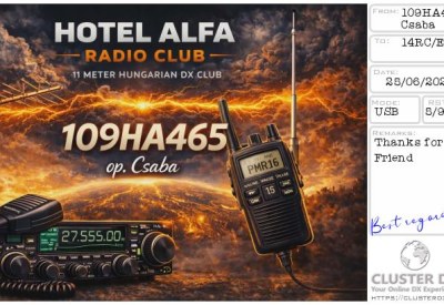eQSL reçue de 109HA465 CSABA, Hongrie – contact DX bande 11 mètres 27 MHz