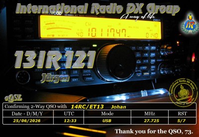 eQSL reçue de 13IR121 JURGEN, Allemagne – contact DX bande 11 mètres 27 MHz