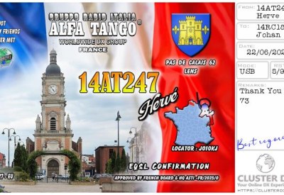 eQSL reçue de 14AT247 HERVE, France – contact DX bande 11 mètres 27 MHz