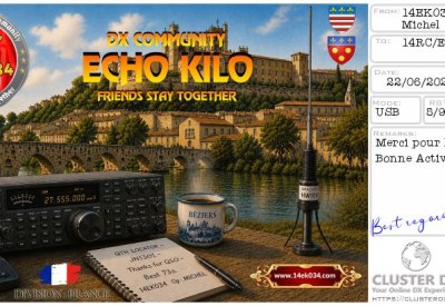 eQSL reçue de 14EK034 MICHEL, France – contact DX bande 11 mètres 27 MHz