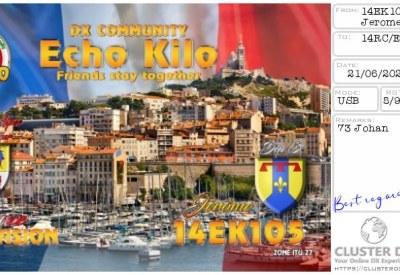 eQSL reçue de 14EK105 JEROME, France – contact DX bande 11 mètres 27 MHz