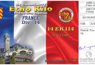 eQSL reçue de 14EK114 JEAN CLAUDE, France – contact DX bande 11 mètres 27 MHz