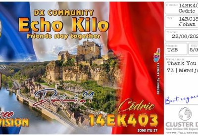 eQSL reçue de 14EK403 CEDRIC, France – contact DX bande 11 mètres 27 MHz