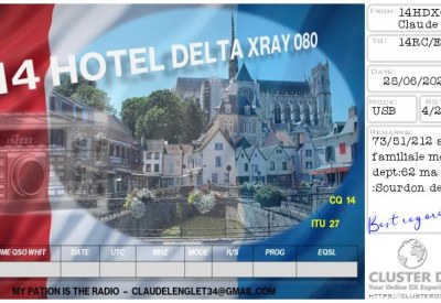 eQSL reçue de 14HDX080 CLAUDE, France – contact DX bande 11 mètres 27 MHz