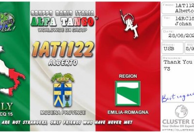 eQSL reçue de 1AT1122 ALBERTO, Italie – contact DX bande 11 mètres 27 MHz