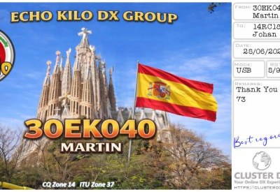 eQSL reçue de 30EK040 MARTIN, Espagne – contact DX bande 11 mètres 27 MHz