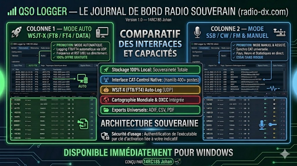 Présentation des modes Manuel et FT8 du carnet de trafic QSO Logger pour amateur radio 27 MHz
